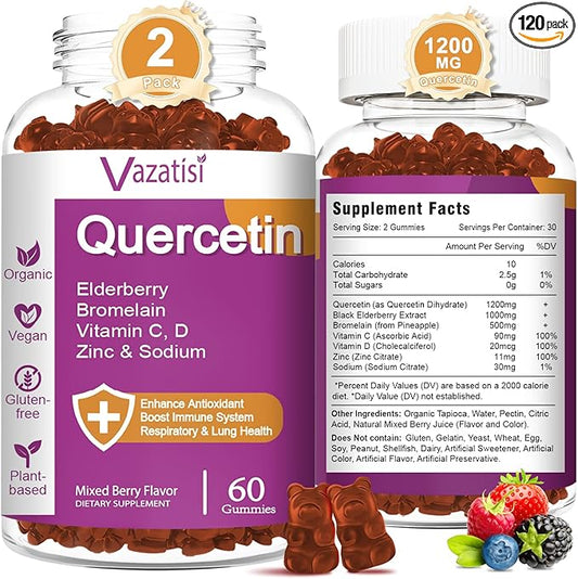Quercetin Gummies, Quercetin with Vitamin C Zinc, Bromelain, Elderberry and Vitamin D, Immune Support Adults Kids, Women Men 120 Gummies Chewable