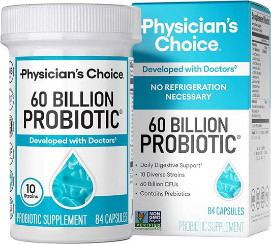 Physician's CHOICE Probiotics 60 Billion CFU - 10 Strains + Organic Prebiotics - Immune, Digestive & Gut Health - Supports Occasional Constipation, Diarrhea, Gas & Bloating - for Women & Men - 84ct