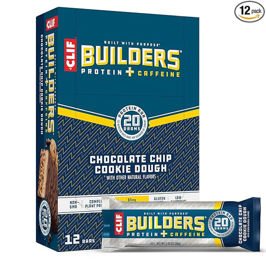 CLIF Builders + Caffeine - Chocolate Chip Cookie Dough Flavor - Plant Based Protein Bars - Gluten Free - Non-GMO - Low Glycemic - 20g Protein - 2.4 oz. (12 Count)
