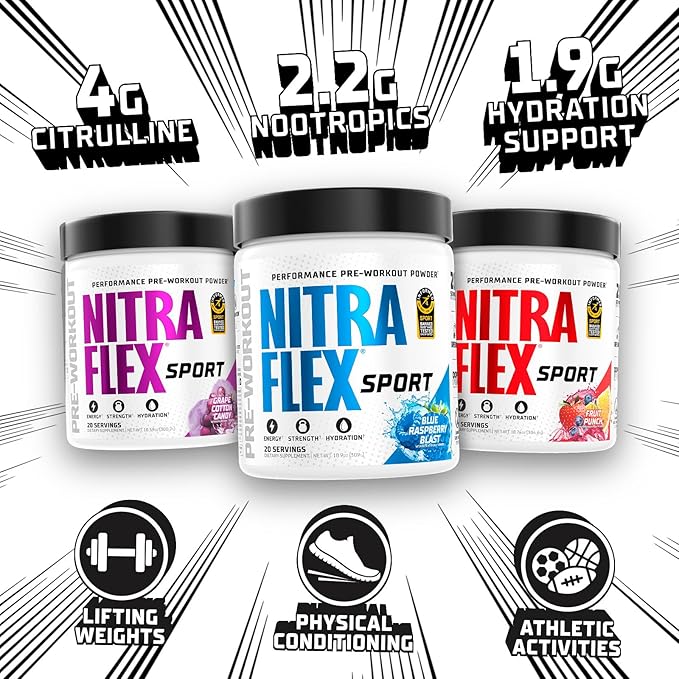 Nitraflex Sport Grape Cotton Candy Pre-Workout Powder, Banned Substance Tested, Citrulline, Betaine, Electrolytes, Hydration, Boron, for Men & Women, 20 Servings