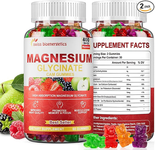 (2 Pack) Magnesium Glycinate 400mg Gummies for Women & Men - Calcium Supplement with Magnesium Malate, B6, Zinc, Vitamin D, CoQ10 - Non GMO, Sugar Free for Vegan (Multi-Flavor)