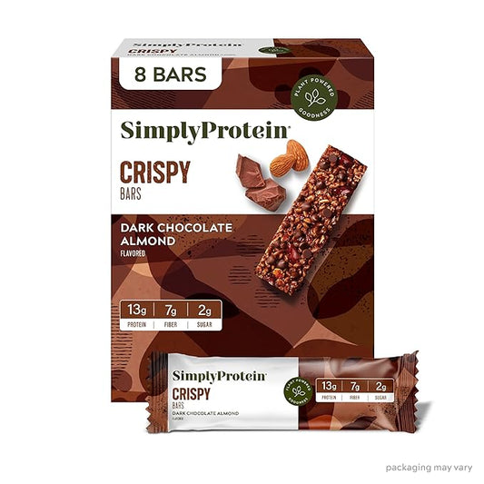 Simply Protein - Dark Chocolate Almond Crispy Bars - Plant Based Protein Bars - Low Carb, Low Sugar, High Fiber - 13g Protein, 2g Sugar, 7g Fiber - Vegan, Gluten Free, Non GMO, Kosher - 8 Bars