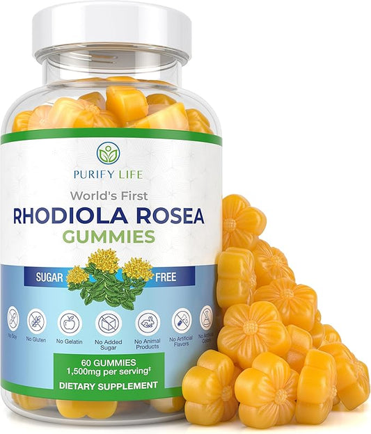 Purify Life Sugar-Free Rhodiola Rosea Gummies (1500mg/Serving) Cortisol Detox & Adrenal Support Supplement - Adaptogenic Rhodiola for Mood, Motivation, Stamina & Performance, Non-GMO, 60 Vegan Chews