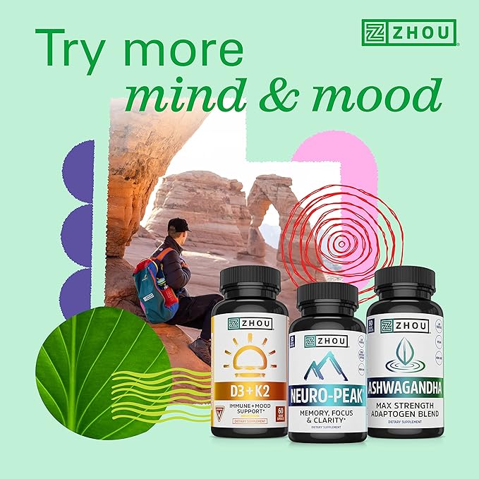 Zhou Energy + Focus - L Theanine Caffeine Pills, 200mg L-Theanine, 100mg Natural Anhydrous Caffeine Boost for Adults, Men & Women, Slow Extended Release - 60 Vegetarian Capsules (Pack of 1)