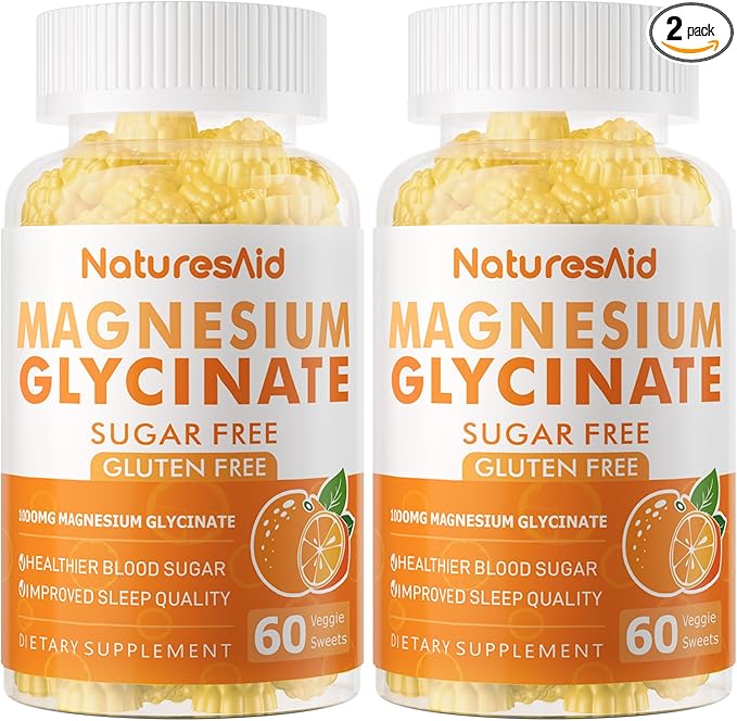 Magnesium Glycinate Gummies 1000mg - Sugar Free Magnesium Potassium Supplement with Vitamin D, B6, CoQ10 for Calm Mood & Sleep Support - 120 Orange Gummies -2 Pack