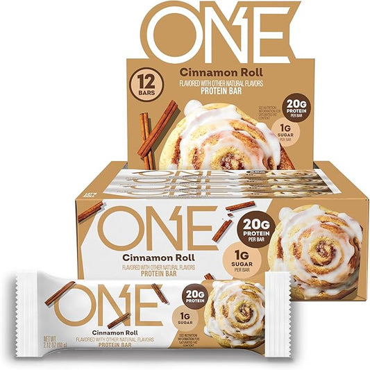 ONE Protein Bars, Cinnamon Roll, Gluten Free with 20g Protein and 1g Sugar, Pantry Staples, 2.12 oz (12 Count), Packaging May Vary