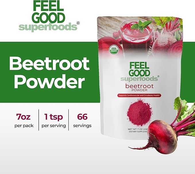 Feelgood Superfoods Fortified Organic Beetroot Powder - Nitric Oxide Booster for Cooking and Smoothies - Pure Beets with 10:1 Beet Root Extract - Supports Cardiovascular and Circulatory Health - 7 oz