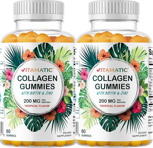 Vitamatic 2 Packs Hydrolyzed Collagen Gummies with Vitamin C, Zinc and Biotin, 200 mg - 60 Gummies (Total 120 Count)