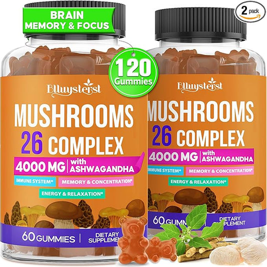Mushroom Gummies for Adults 4000mg, Brain Supplements for Memory and Focus, 26 in 1 Mushroom Supplement Complex with Ashwagandha & Lion's Mane, Turkey Tail, Reishi, Cordyceps, Organic, 120 Count