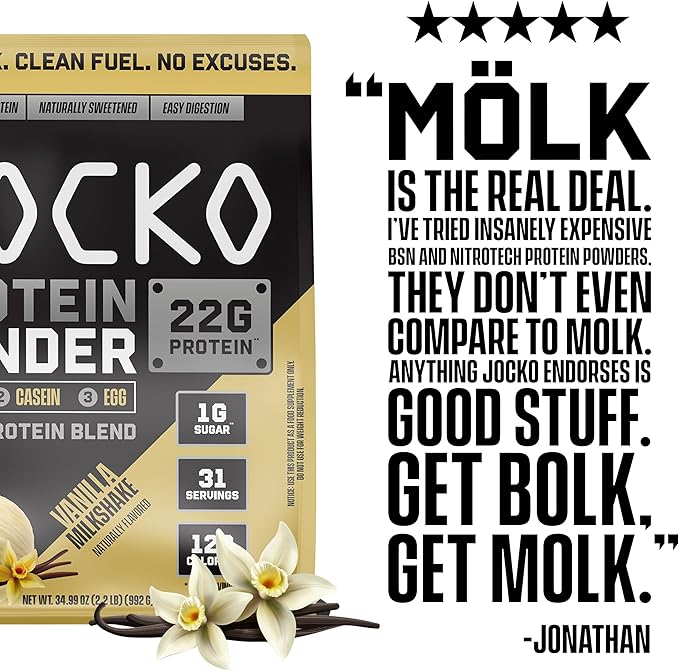 Jocko Fuel Mölk Whey Protein Powder 22g Protein - Low Sugar Monk Fruit Blend - Muscle Recovery & Growth, Packaging May Vary (31 Servings, Vanilla Milkshake)