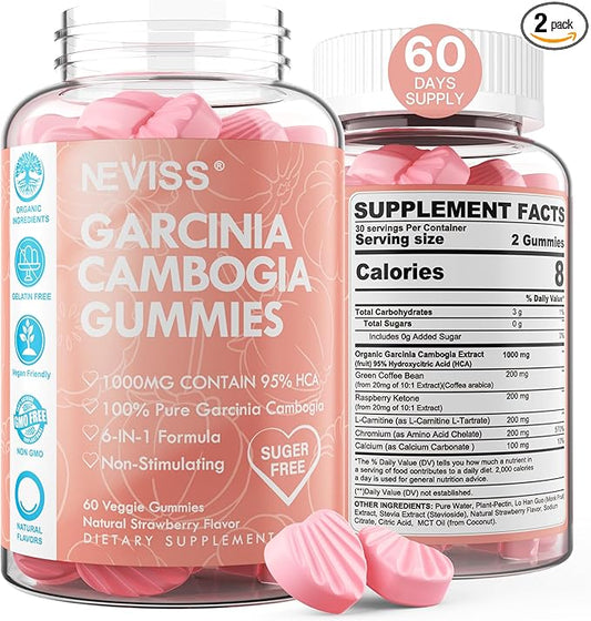 Sugar Free Garcinia Cambogia Gummies 1000mg 95% HCA with L-Carnitine, Raspberry Ketone, Chromium, Green Coffee Bean for Metabolism, Energy Boost, 100% Organic Extract, Vegan, Strawberry Flavor 120 Cts