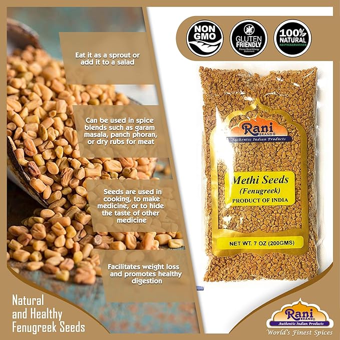 Rani Fenugreek (Methi) Seeds Whole 7oz (200g) Trigonella foenum graecum ~ All Natural | Vegan | Gluten Friendly | Non-GMO| Kosher | Indian Origin, used in cooking & Ayurvedic spice