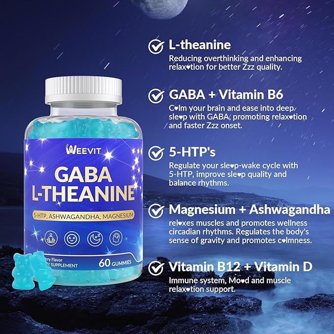 GABA L-Theanine Gummies, Sugar Free L-Theanine Supplement with 5-HTP, Ashwagandha, Magnesium, Vitamin B6, B12 - Melatonin-Free for Adults - Non-GMO, Vegan