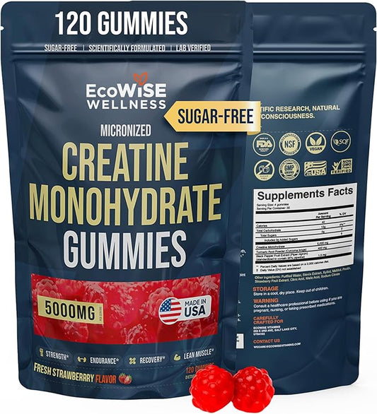 Creatine Monohydrate Gummies 5000 mg, Fresh Strawberry Flavor, 120 Sugar-Free Vegan Chews, Creatine Supplement for Daily Routine
