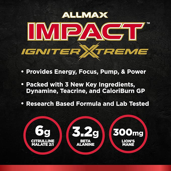 ALLMAX Impact IGNITER Xtreme, Orange Crush - 360 g - Pre-Workout Formula - Improves Energy, Focus, Pumps & Power - with Citrulline Malate & Beta Alanine - Up to 40 Servings