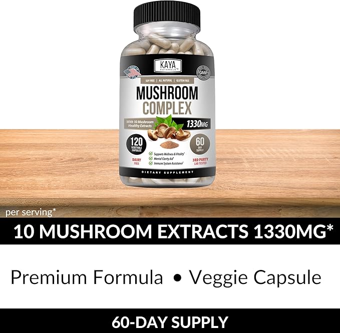 Kaya Naturals Premium Mushroom Complex Potent - Mushroom Supplement - Mushroom Complex Capsules 1995mg Per Serving - Aids Mental Clarity Supports Immune System, Wellness & Vitality - 120 Count