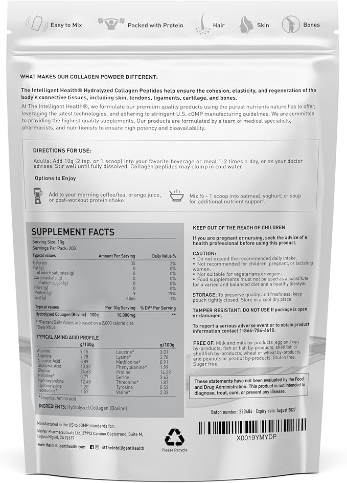 Hydrolyzed Collagen Peptides Powder, Grass Fed, High Protein, Unflavored, Gluten-Free, Paleo & Keto Friendly, 10g per Serving (2kg) Supports Skin, Hair, Nails, Joints, & Bones