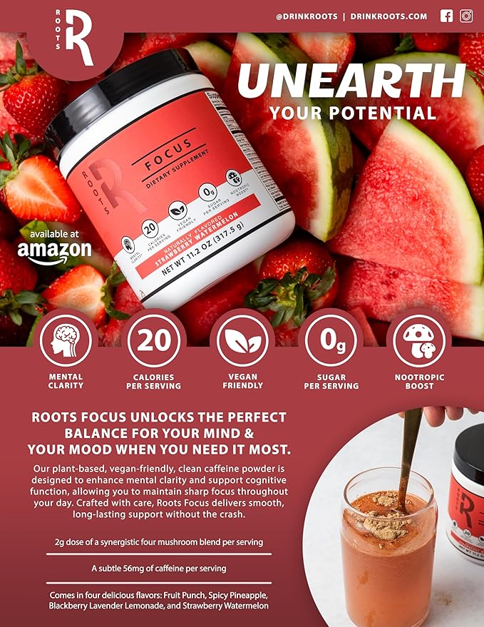Roots Focus Nootropic Brain Supplement - BlackBerry Lavender Lemonade, Blend of Lion's Mane, Cordyceps, & Reishi Functional Mushrooms + Extended-Release Caffeine, 50 Servings