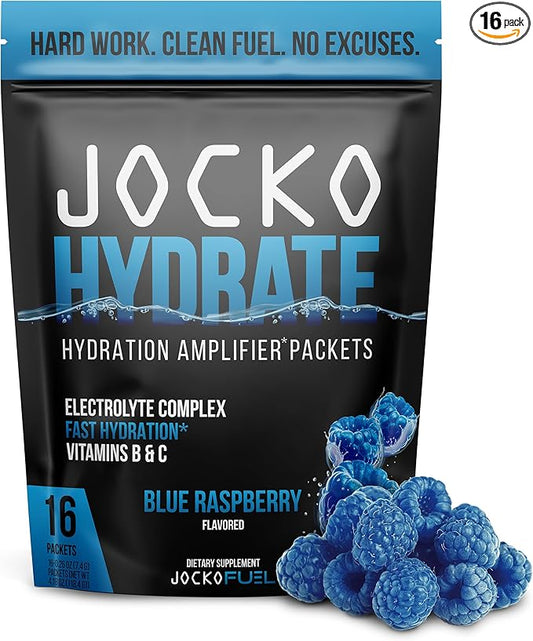 Jocko Fuel Hydrate Electrolytes Powder Packets Low Sugar - Hydration Amplifier Packets for Recovery, Dehydration, & Exercise - with Vitamins B6, B12 & C (16 Packets) Blue Raspberry