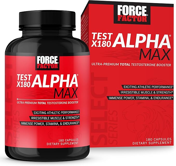 FORCE FACTOR Test X180 Alpha Max Total Testosterone and Nitric Oxide Booster for Men with Fenugreek Seed and Tribulus to Increase Blood Flow and Improve Male Athletic Performance, 180 Capsules