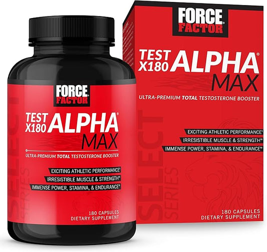 FORCE FACTOR Test X180 Alpha Max Total Testosterone and Nitric Oxide Booster for Men with Fenugreek Seed and Tribulus to Increase Blood Flow and Improve Male Athletic Performance, 180 Capsules