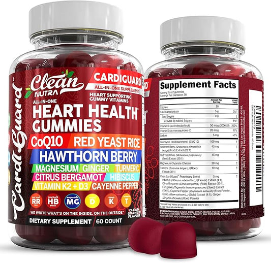 Clean Nutraceuticals Coq10 Gummies | Red Yeast Rice Hawthorn Berry Ginger Turmeric Citrus Bergamot Hibiscus Vitamin K2+D3 Magnesium Glycinate Cayenne Pepper Fenugreek Orange Flavor CardiGuard