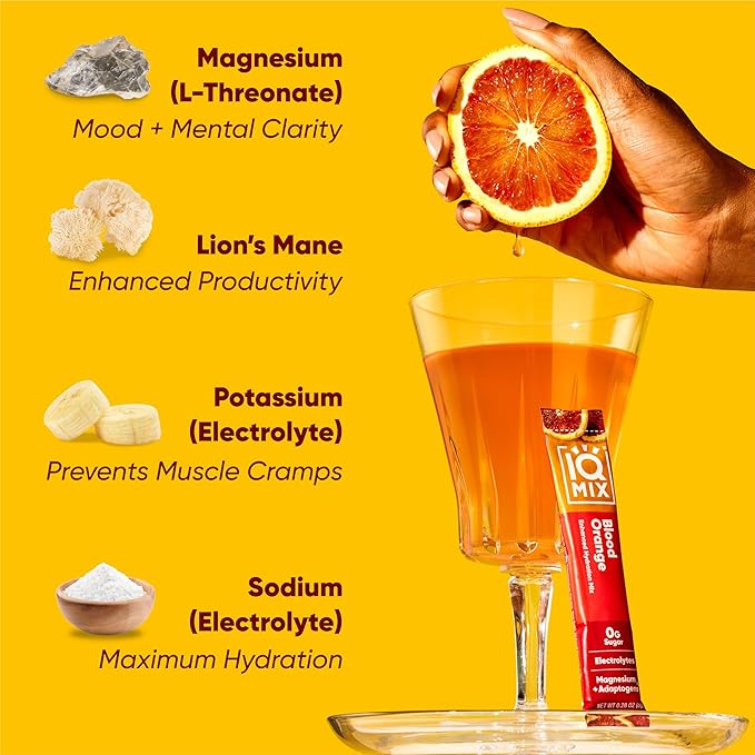 IQMIX Hydration Electrolyte Powder – 4-in-1 Formula for Hydration, Mental Clarity, Mood and Recovery – Sugar-Free Drink Mix, Keto, Magnesium L-Threonate, Lion’s Mane – 40 Count Blood Orange