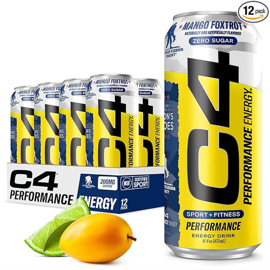 Cellucor C4 Performance Energy Drink | Zero Sugar Carbonated Preworkout Energy | 200mg Caffeine with Beta Alanine | Mango Foxtrot | 16 Fl Oz (12 Pack)