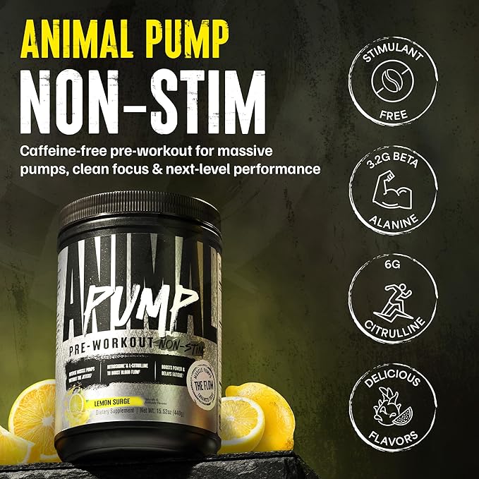Animal Pump NS Stim-Free Pre Workout Powder for Men & Women - Caffeine-Free Preworkout for Energy, Focus and Muscle Builder, Beta Alanine, Citrulline, Nitrosigine and Nootropics, Lemon Surge, 442g