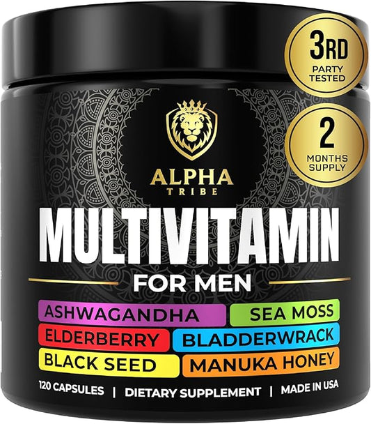 Alpha Tribe Multivitamin for Men with Sea Moss, Black Seed Oil, Ashwagandha, Turmeric Bladderwrack, Burdock,Vitamin C, Elderberry, Manuka, Yellow Dock | Daily Men's Vitamins and Minerals Supplement