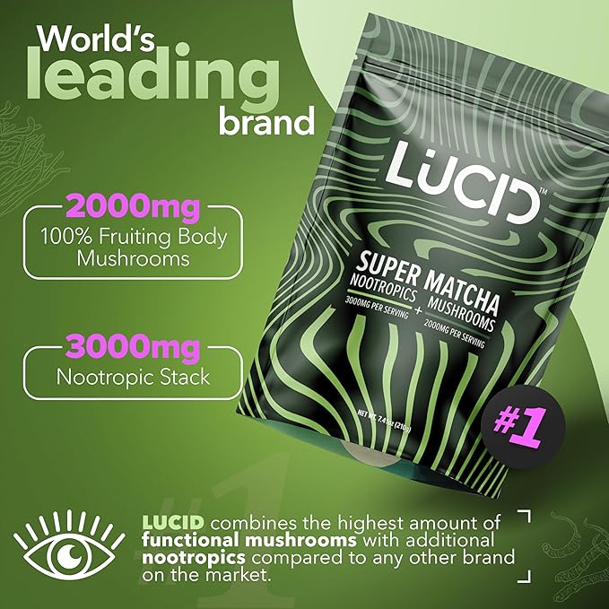 Lucid Superfood Organic Mushroom Matcha with Nootropics - Lion's Mane, Tremella, Cordyceps & Turkey Tail - Instant Mushroom Matcha Focus Brain Health - Alpha GPC, L-Theanine, Ginko Biloba - USA Made