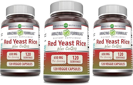 Amazing Formulas Red Yeast Rice 600 Mg Plus Coq-10, 50 Mg 120 Veggie Capsules Supplement | Non-GMO | Gluten Free | Made in USA (3 Pack)