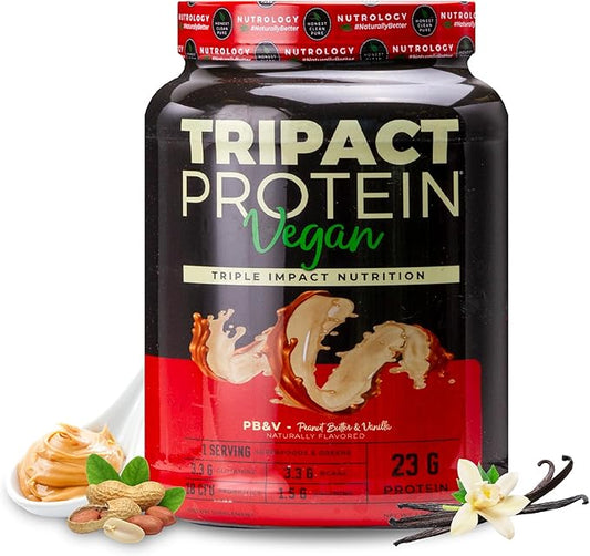 Nutrology TRIPACT Vegan Protein Powder - Vegan Meal Replacement Shakes with Organic Pea, Rice, & Pumpkin, Plant Based Protein Powder, BCAAs & Glutamine, Non-GMO, Peanut Butter & Vanilla, 20 Servings