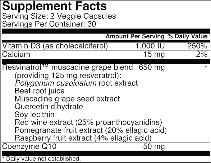 Capsules, 60 Count- Resveratrol Supplement Supports Healthy Aging, Heart Health, and Immune Function with Quercetin, Grape Seed Extract, Vitamin D3 and CoQ10