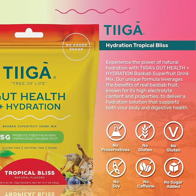 Tiiga 2-in-1 Gut Health + Hydration Drink Mix – Natural Debloat Formula with 75%+ Baobab & Coconut Water. High in Antioxidants, Prebiotics, Zero Added Sugar, Supports Digestion, Energy & Helps Debloat