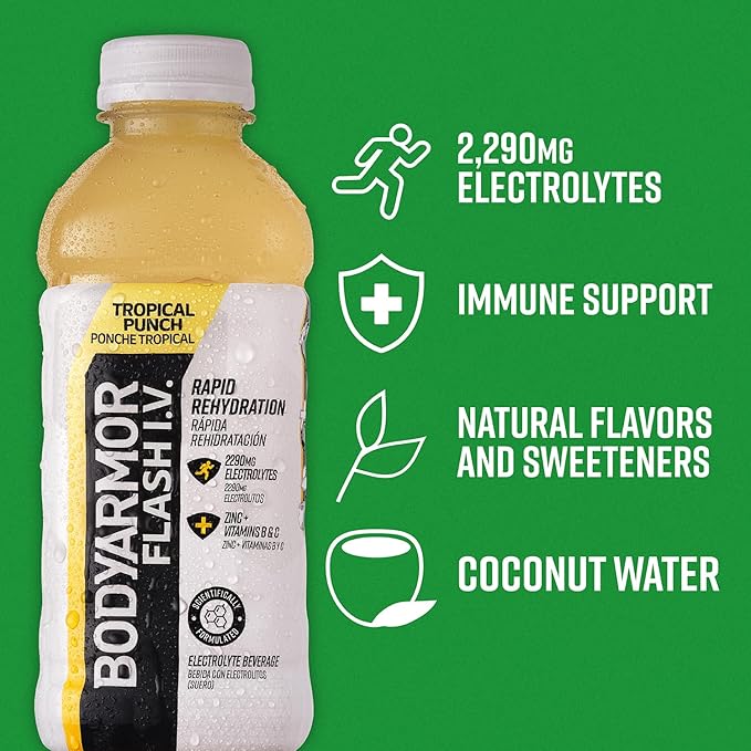 BODYARMOR Flash I.V. Electrolyte Beverage, Tropical Punch, Hydration Drink with Coconut Water For Rapid Rehydration, Post Workout Recovery, 20 Fl Oz (Pack of 12)