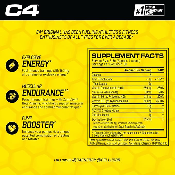 Cellucor C4 Original Pre Workout Powder Cherry Limeade | Vitamin C for Immune Support | Sugar Free Preworkout Energy for Men & Women | 150mg Caffeine + Beta Alanine + Creatine | 30 Servings