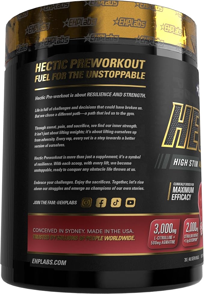 EHP Labs Hectic PreWorkout - High Stim Advanced Pre Workout Powder for Max Performance - Caffeine, Beta Alanine, Coconut Water - Energy, Pump, Recovery & Hydration - 40 Serves (Raspberry Refresh)