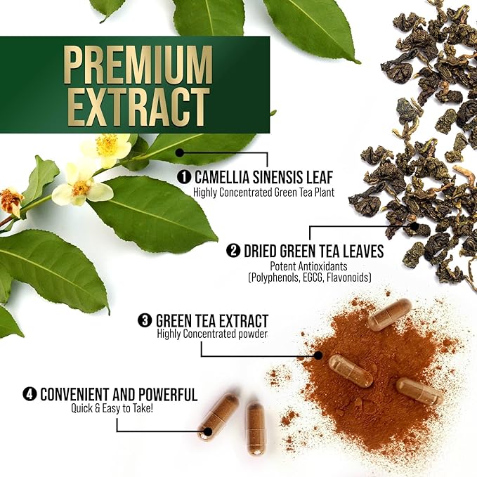 Green Tea Extract Supplement Pills 1000mg - 98% Standardized EGCG with Polyphenols - 3X Strength for Natural Energy - Supports Heart and Antioxidant Health - Nature's Gentle Caffeine - 240 Capsules