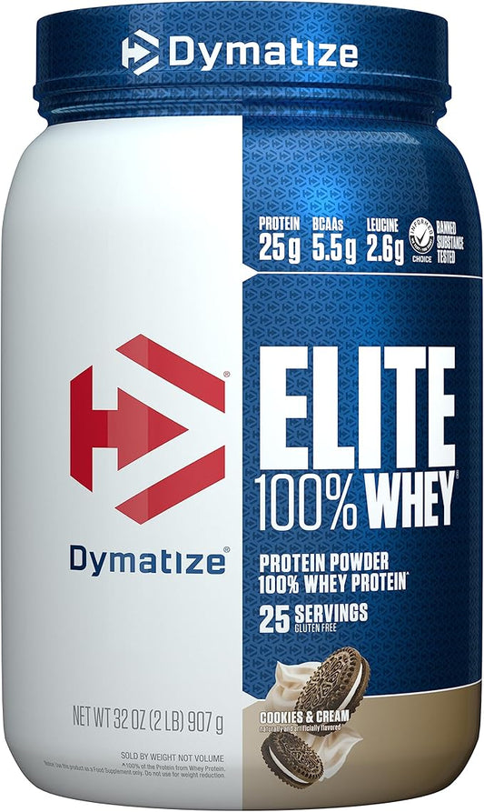 Dymatize Elite 100% Whey Protein Powder, Cookies & Cream, 25g of Protein, 25 Servings, 5.5g BCAAs, Less Than 140 Cal., Gluten Free, 3g Carb, 2g Sugar, 3g Fat