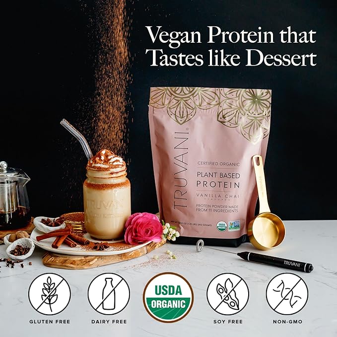 Truvani Vegan Pea Protein Powder | Vanilla Chai | 20g Organic Plant Based Protein | 20 Servings | Keto | Gluten & Dairy Free | Low Carb | No Added Sugar
