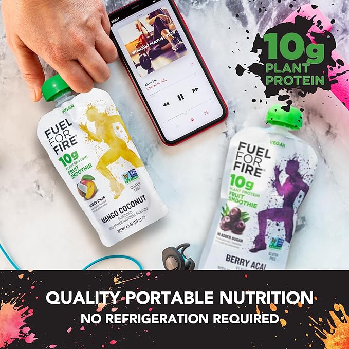 Fuel for Fire VEGAN Protein Smoothie Squeeze Pouch - Berry Acai (24-Pack) | Healthy Snack & Recovery | No Sugar Added, Dietitian Approved | Plant Based Functional Fruit Smoothies (4.5oz pouches)