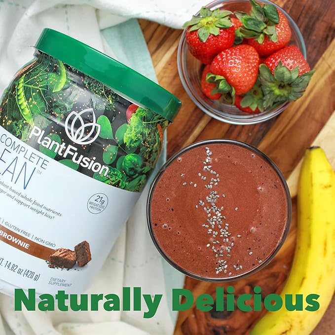 PlantFusion Complete Lean Plant Based Protein Powder - Prebiotic Fiber, Superfoods & Digestive Enzymes - Vegan, Gluten Free, Soy Free, Non-GMO - Chocolate Brownie 1.85 lb