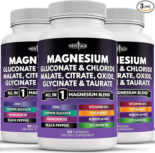 NEW AGE Magnesium Supplement -Powerful Glycinate Citrate Malate Oxide Taurate Aspartate Gluconate Orotate & Mag Chloride Manganese Bone Health and Bone Strength, Joint Support- 270 Count