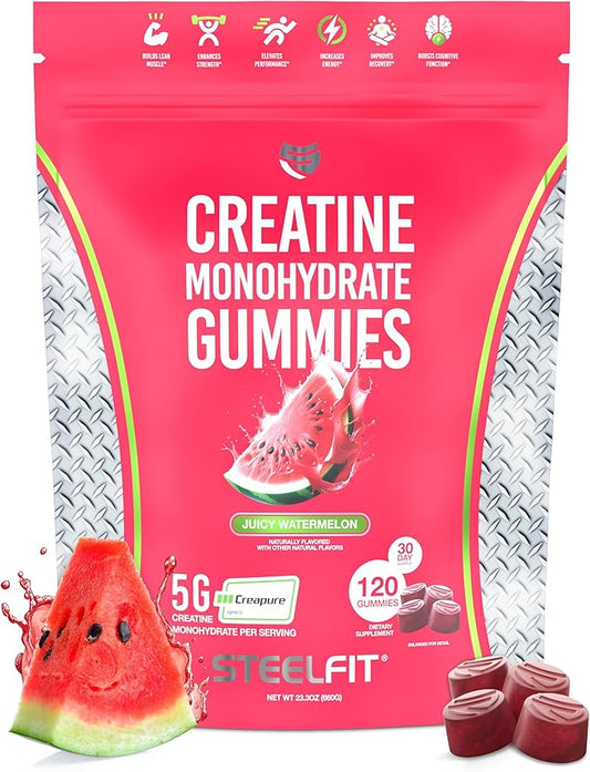 SteelFit Creapure Creatine Monohydrate Gummies for Men & Women, Juicy Watermelon - Gym Workout Nutritional Supplements for Muscle Gain, Brain Health & Strength Building Dietary Supplement, 120 Gummies