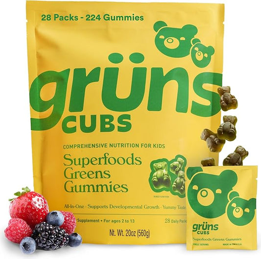Gruns Kids Vitamins, Super Greens Gummies - Superfood Gummy Bears with Spirulina, Chlorella, 20+ Vitamins & Minerals, Prebiotics Fiber for Digestive Health, Adaptogens Supplement, 28 Day Supply