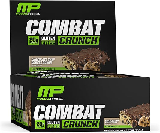 MusclePharm Combat Sport Bar, Chocolate Chip Cookie Dough, High Protein Bars, Combat Cravings, Fuel Performance & Meet Energy Demands, 20g Protein from Whey Protein, 5g Fiber, Gluten Free, 12 Bars