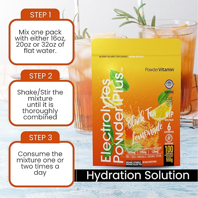 Electrolytes Powder Plus (100 Servings) Black Tea Lemonade Electrolyte Powder Zero Calorie Keto,0 Sugar, No Maltodextrin,1000mg Potassium,120mg Calcium,120mg Magnesium, Hydration Powder
