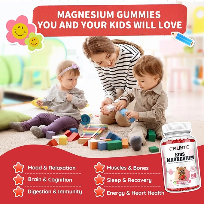 Kids Magnesium Glycinate Gummies, Magnesium for Kids & Adults with Citrate, Zinc, Vitamin D3, B12, L-Theanine Supplement for Sleep Bone & Muscle Mood, Strawberry, 60ct