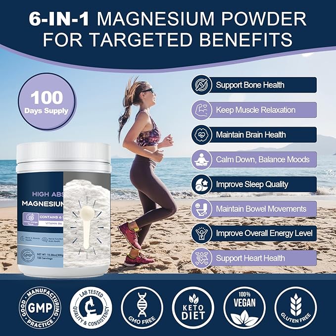 NATURE TARGET Magnesium Powder Supplement with Glycinate, Citrate, Malate, Magnesium Complex with L-Theanine & Vitamin B6 for Muscle, Heart & Brain, Vegan, 10.58 oz (100 Servings), Lemon Orange Flavor